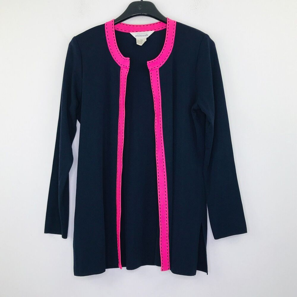 Misook Women's XS Jacket Blue Pink Colorblock Shoulder Pads Open Front BT20